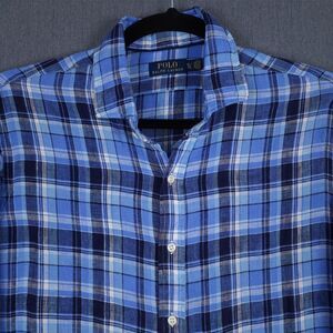 Polo Ralph Lauren Linen‎ Shirt Mens XL Blue Plaid Lightweight Long Sleeve Button